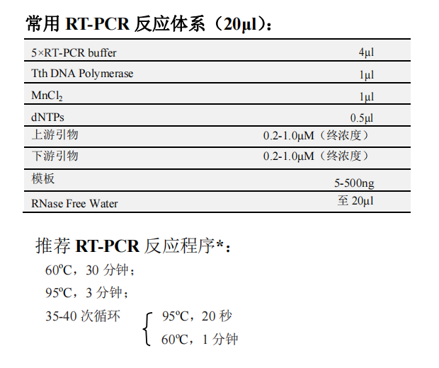 Tth DNA Polymerase 常用RT-PCR反應(yīng)體系（20μL）以及推薦RT-PCR反應(yīng)程序*